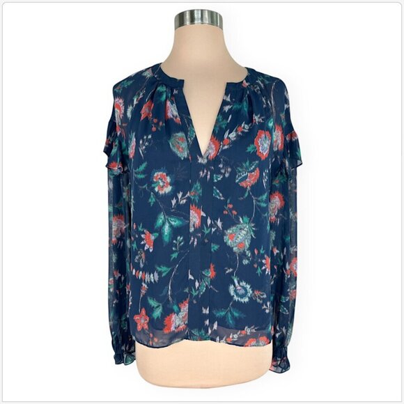 Derek Lam Collective Blue Floral Chiffon Ruffle Long Sleeve Blouse Top RTR 40 - Picture 4 of 7